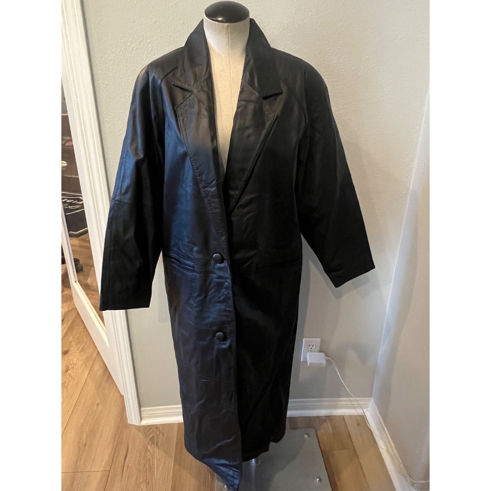 OutBrook Womens Small Black Genuine Leather Long Trench Coat Jacket Vintage